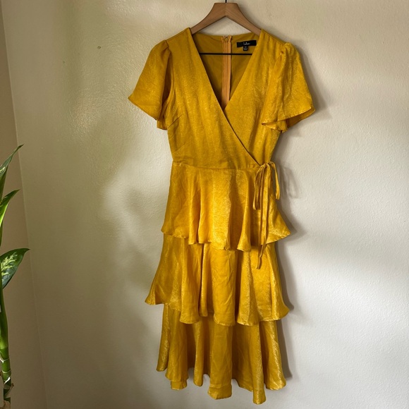 Lulus | Always Forever Mustard Flutter Sleeve Tiered Satin Midi Dress - Picture 2 of 7